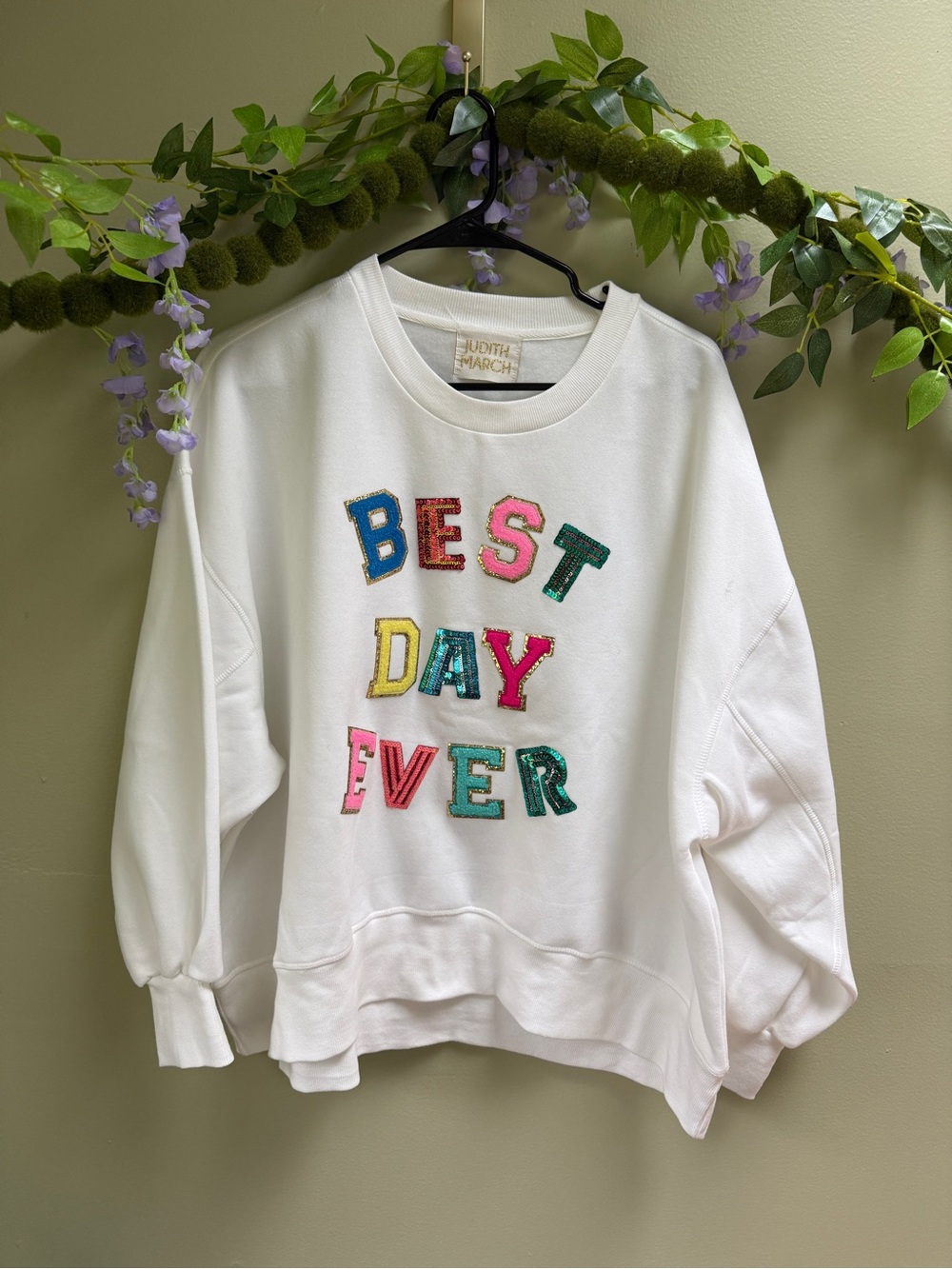 JUDITH MARCH Best Day Ever Crewneck Sequined Glamor Preppy Art Teacher